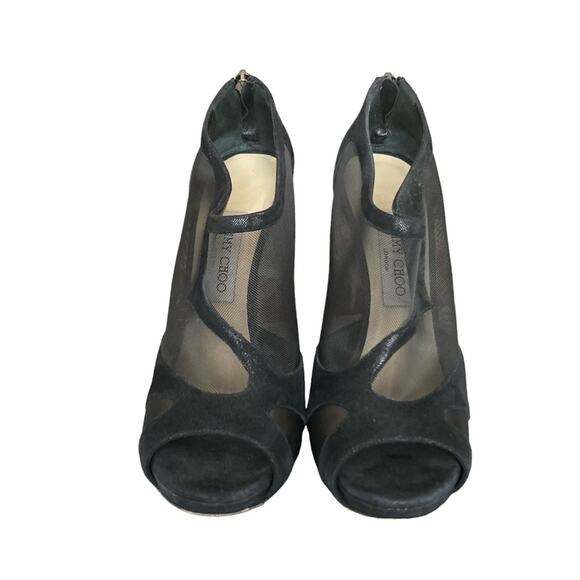 Jimmy Choo Black Mesh And Suede Marble Peep Toe Booties Size 38.5 - Picture 3 of 11